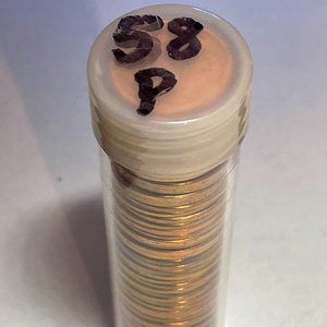full 50 coin roll of uncirculated 1958 wheat cents in tube and unsearched